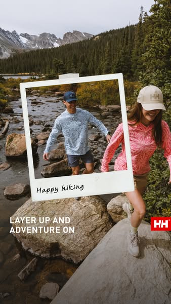 This image ad features a photograph of a couple in hiking attire in a mountain setting, framed by a white polaroid borde