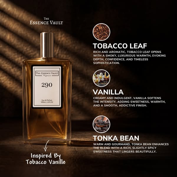 This ad showcases the key features of The Essence Vault's 290 fragrance through visuals and text. It emphasizes the 