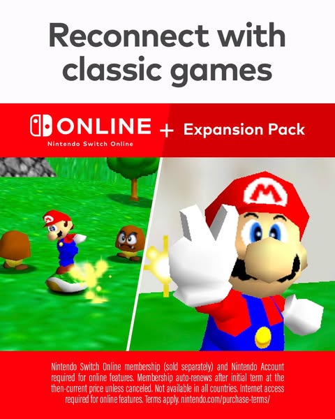 This ad promotes the Nintendo Switch Online + Expansion Pack, encouraging users to reconnect with classic games. The ad 