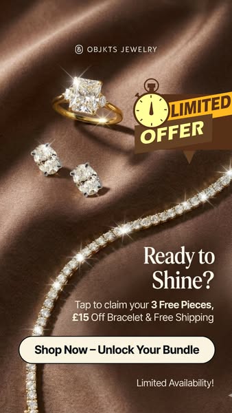 This image ad promotes OBJKTS JEWELRY. It showcases a ring, earrings, and bracelet against a brown, draped fabric backgr
