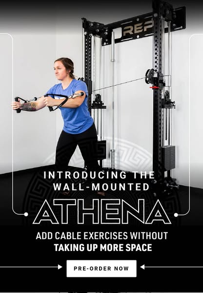 This ad showcases the REP wall-mounted Athena cable exercise machine, highlighting its space-saving design and functiona