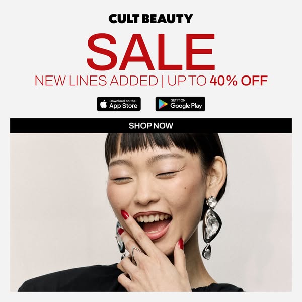 This ad for Cult Beauty promotes a sale with up to 40% off and new lines added. It features a smiling model and download