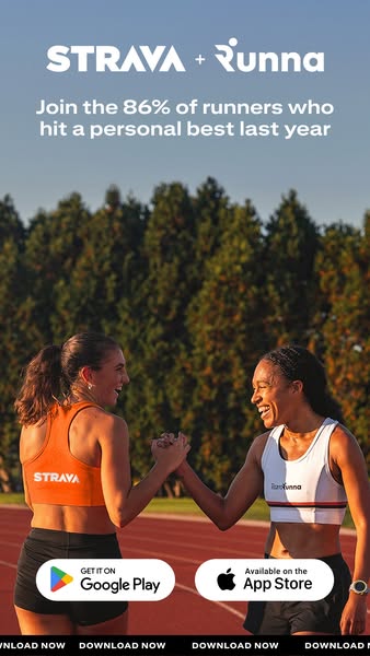 This ad promotes the Strava and Runna apps, highlighting that 86% of runners using the apps hit a personal best last yea