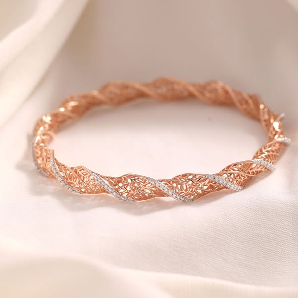 This ad showcases a rose gold bracelet with a twisted design and diamond accents, set against a soft, neutral background