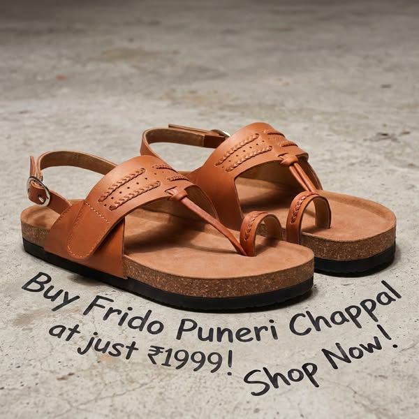 This image ad promotes Frido Puneri Chappal sandals with a direct offer of a specific price and a 'Shop Now' cal