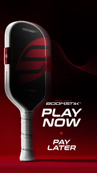 This ad for the Selkirk Project BOOMSTIK pickleball paddle uses a close-up product shot and a simple offer to drive conv