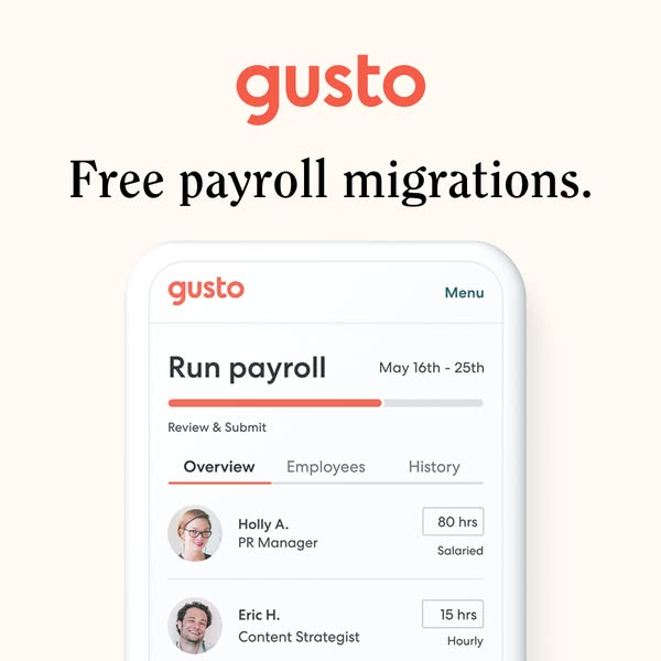 This ad promotes Gusto's free payroll migration service. The ad features a screenshot of the Gusto app interface, hi