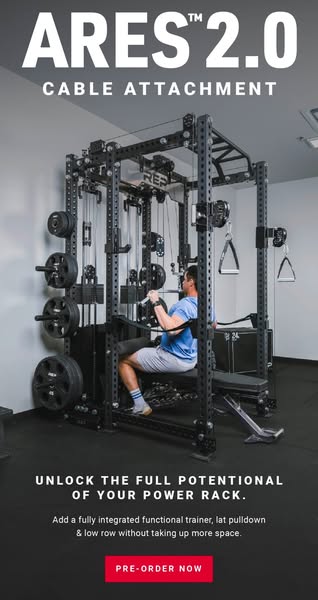 This ad showcases the Ares 2.0 cable attachment for power racks, highlighting its ability to add a fully integrated func