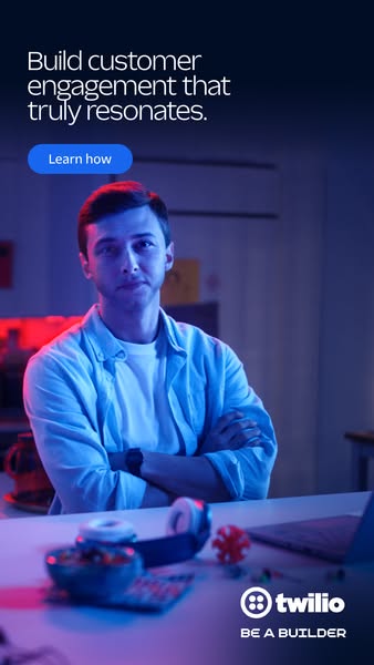 This image ad for Twilio features a man in a casual button-down shirt in front of a desk with a laptop and other items. 