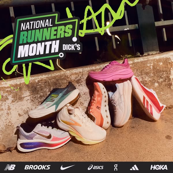 An advertisement by Dick's Sporting Goods during National Runners Month showcasing running shoes from New Balance, B