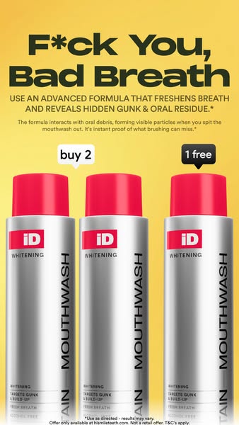 This image ad is for iD Whitening mouthwash, promoting its advanced formula that freshens breath and reveals hidden gunk