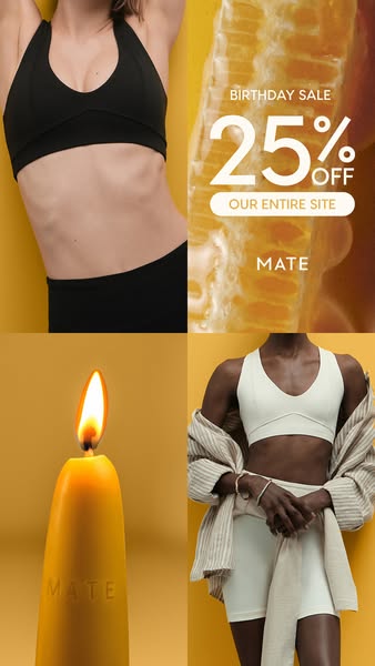 This image ad uses a 4-panel grid to feature a woman wearing two different outfits from the Mate brand, along with a bir