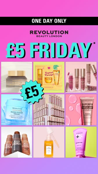This ad showcases a collage of Revolution Beauty products available for £5 as part of their '£5 Friday' promotio