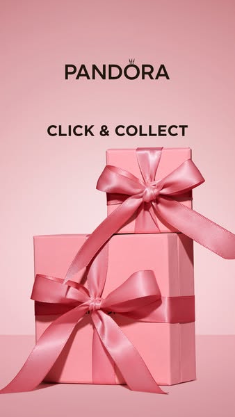 This ad for Pandora promotes their click and collect service. The ad features two pink gift boxes stacked on top of each