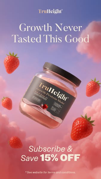 This image ad promotes TruHeight Growth Protein Shake. The ad features a jar of the protein shake surrounded by strawber