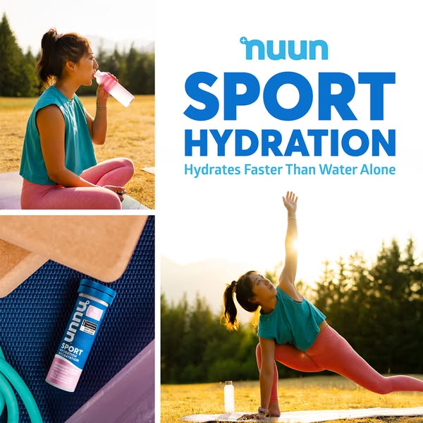 This ad showcases Nuun Sport Hydration tablets as a way to hydrate faster than water alone. It features a woman drinking