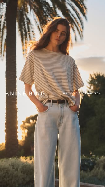 This ad by ANINE BING features a model wearing the brand's clothing in an outdoor setting at sunset.
