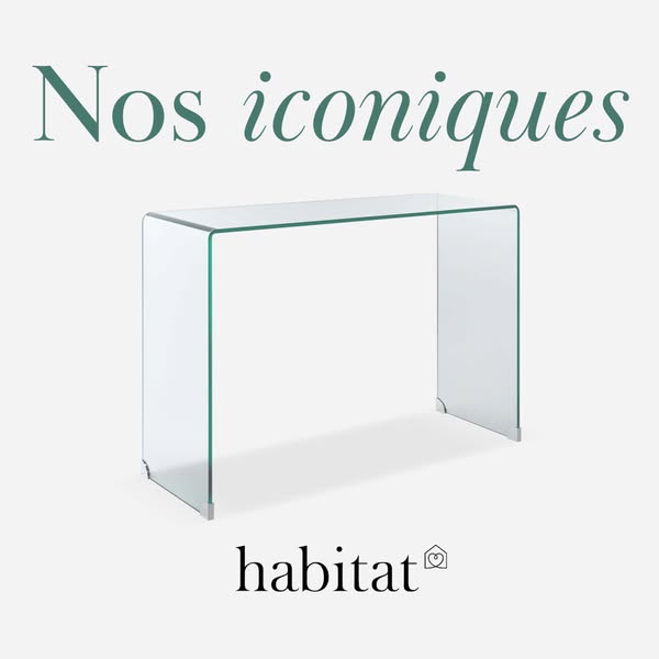 This ad showcases a clear glass console table from Habitat, emphasizing its iconic design.