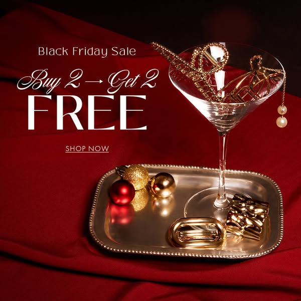 This image ad promotes a Black Friday sale with a buy 2 get 2 free offer. The ad features gold-colored hair accessories 
