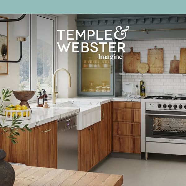 This ad for Temple & Webster showcases a modern kitchen design, emphasizing the brand's ability to help customer