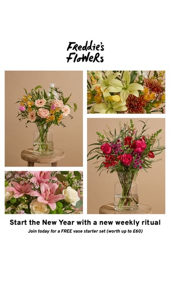 This image ad for Freddie's Flowers promotes a weekly flower subscription service, highlighting a special offer of a