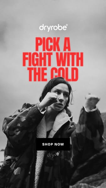 This ad for Dryrobe features a woman wearing a Dryrobe and shadow boxing. The ad copy reads, "Pick a fight with the