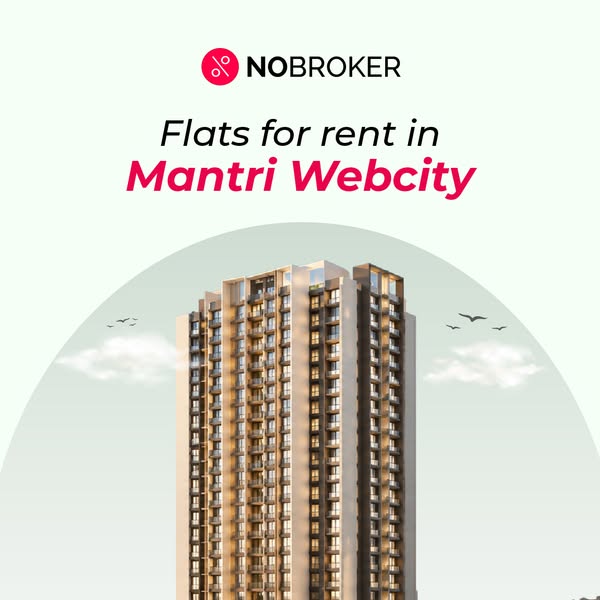This image ad promotes flats for rent in Mantri Webcity, featuring a tall, modern apartment building against a soft, ill