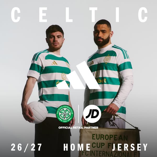 An advertisement for the Celtic Football Club's 26/27 Home Cup Jersey. Two men are shown wearing the jersey.
