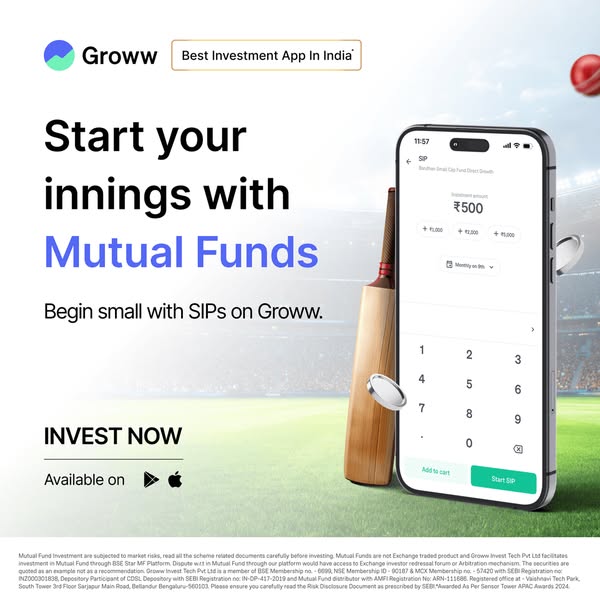 This ad for the Groww investment app uses a cricket match metaphor to introduce the idea of investing in mutual funds, p