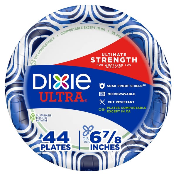 This image ad showcases Dixie Ultra paper plates, emphasizing their strength, soak-proof shield, microwavability, and cu