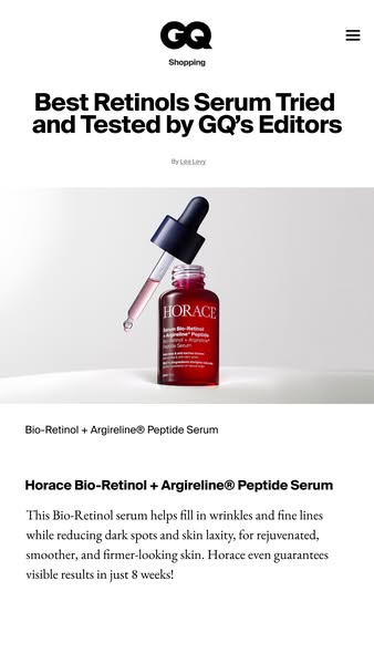 This ad is for Horace Bio-Retinol + Argireline® Peptide Serum. It is presented as an article from GQ, where the editors 