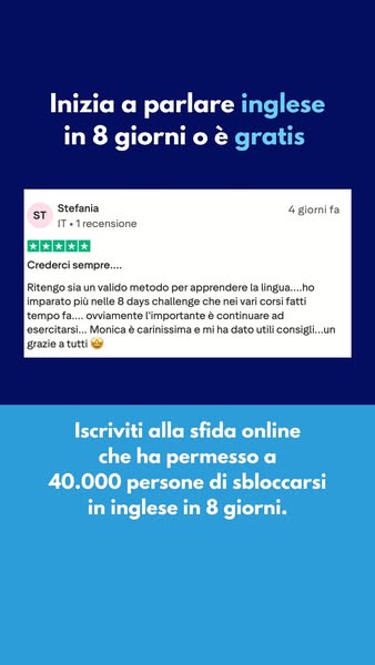 This ad promotes an online challenge that helps people unlock their English language skills in 8 days. It features a tes