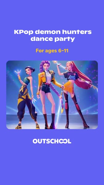 This image ad promotes an Outschool class called "KPop demon hunters dance party" for ages 6-11. The ad featur