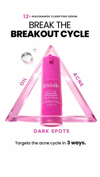 This image ad for Foxtale skincare promotes its Niacinamide Clarifying Serum, which targets the acne cycle in 3 ways: oi