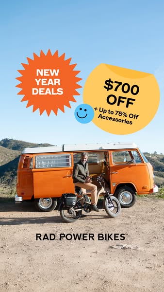 This image ad for Rad Power Bikes features a man sitting on an e-bike next to an orange van, with overlaid text promotin