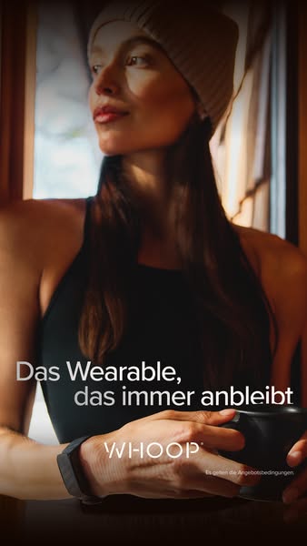 This ad features a woman wearing a Whoop fitness tracker while holding a cup. The ad emphasizes the comfort and wearabil