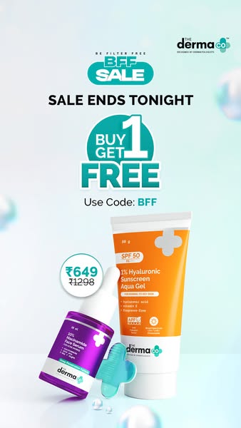 This image ad by The Derma Co promotes a Buy 1 Get 1 Free sale on its 30% Niacinamide Face Serum and 1% Hyaluronic Sunsc