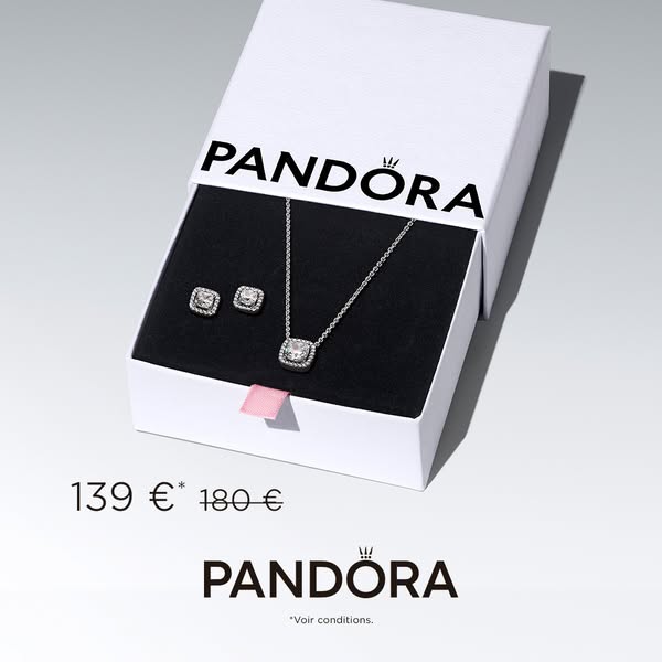 This ad showcases a jewelry set from Pandora, highlighting a discount on the set.