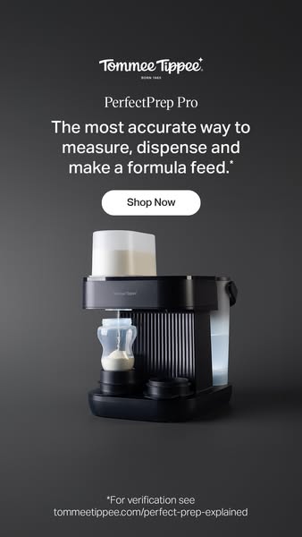 This ad promotes the Tommee Tippee Perfect Prep Pro, which accurately measures, dispenses, and makes formula feeds.