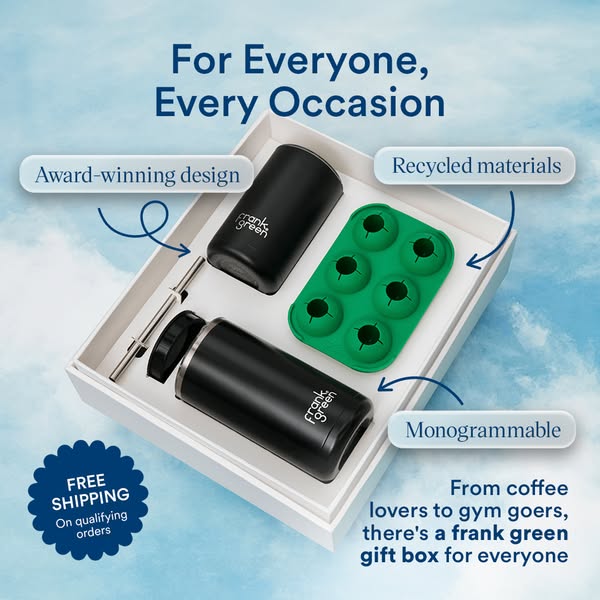 This ad showcases a Frank Green gift box, highlighting its features such as award-winning design, recycled materials, an