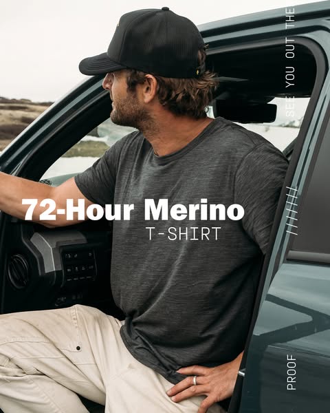 This ad features a man wearing a 72-Hour Merino T-shirt from Proof. The ad highlights the comfort and style of the shirt