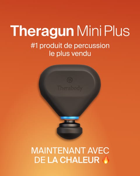 The ad promotes the Theragun Mini Plus massager by showcasing its features and benefits. It highlights the product's