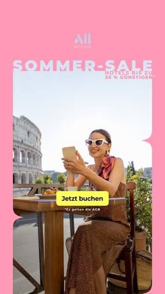 This ad promotes the Accor hotel chain's summer sale with up to 25% off hotels. A woman is shown on vacation in fron