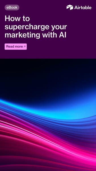 This ad promotes an eBook about supercharging marketing with AI using Airtable. The ad features a dark purple background