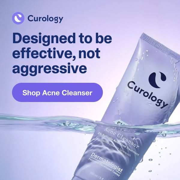 This Curology image ad highlights the brand's acne cleanser. It features the text 'Designed to be effective, not
