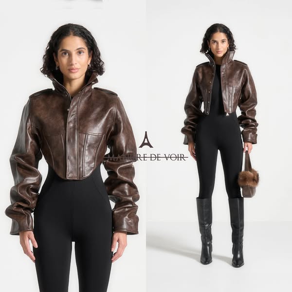 This ad features a woman modeling a brown leather jacket and carrying a matching purse. The ad is split into two images,
