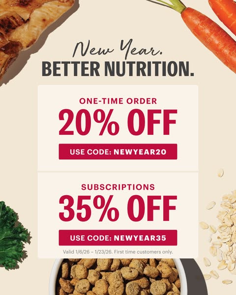 This ad promotes a pet food brand, offering discounts for first-time customers. It highlights a 20% discount on one-time