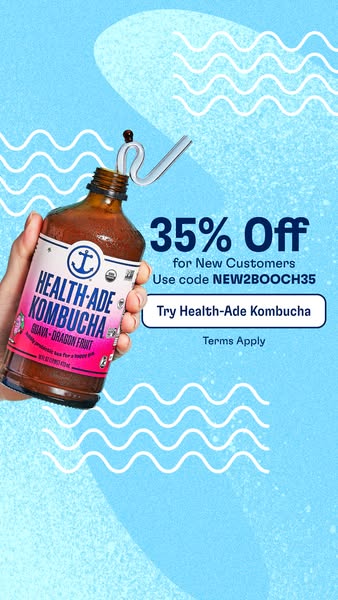 This image ad promotes Health-Ade Kombucha with a 35% off discount for new customers. The ad features a bottle of Health