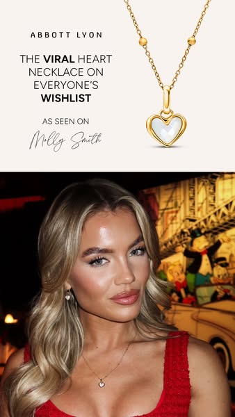 This ad features the ABBOTT LYON brand and highlights their viral heart necklace. It utilizes a dual-image layout with a