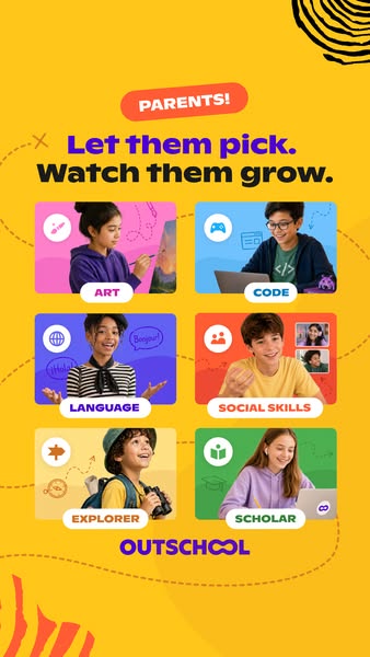 This ad promotes Outschool as a way for kids to pick a class they want and watch them grow. It shows six different child